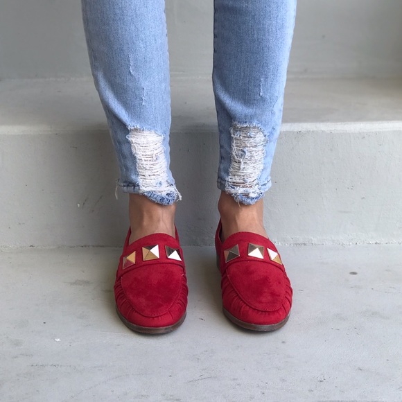 Red Wing Studded Slip On Boyfriend Loafer Flats - Picture 5 of 6